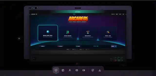 ArcadeOS launcher inside the premium physical cabinet with large app cards and complete hardware controls